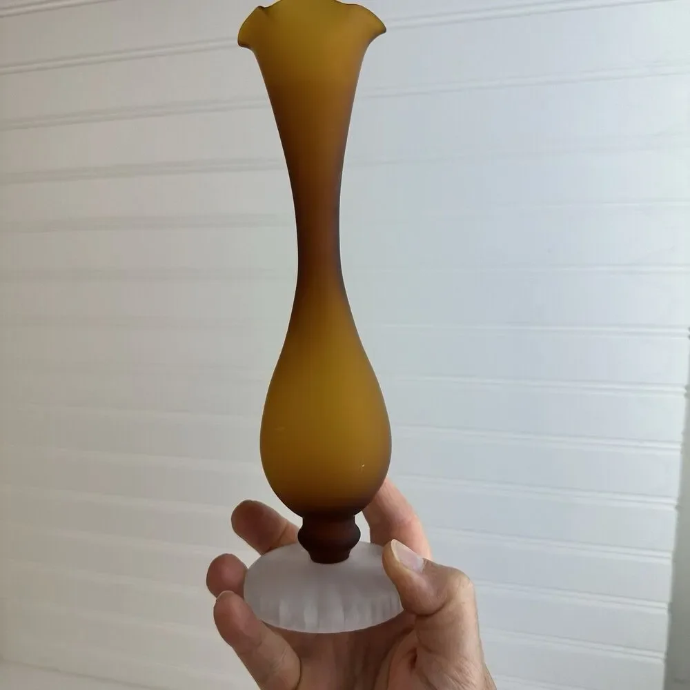 LEFTON Amber Brown Satin Glass Hand Blown Glass Fluted Footed Flower Bud Vase 8”